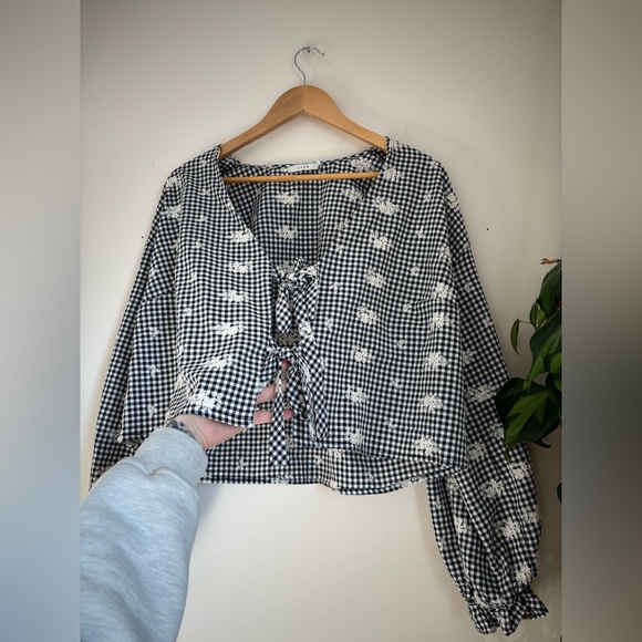 Lush Tops - Lush Floral Embroidered Tie Front Blouse